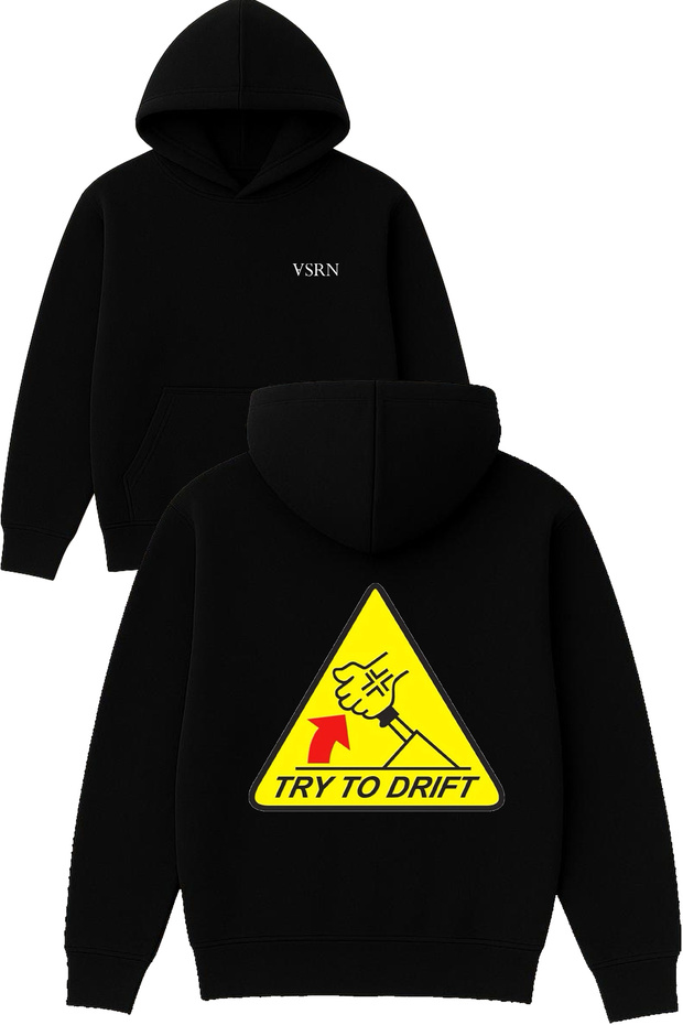 Try to Drift Design Printed Oversized Black Hooded Sweatshirt