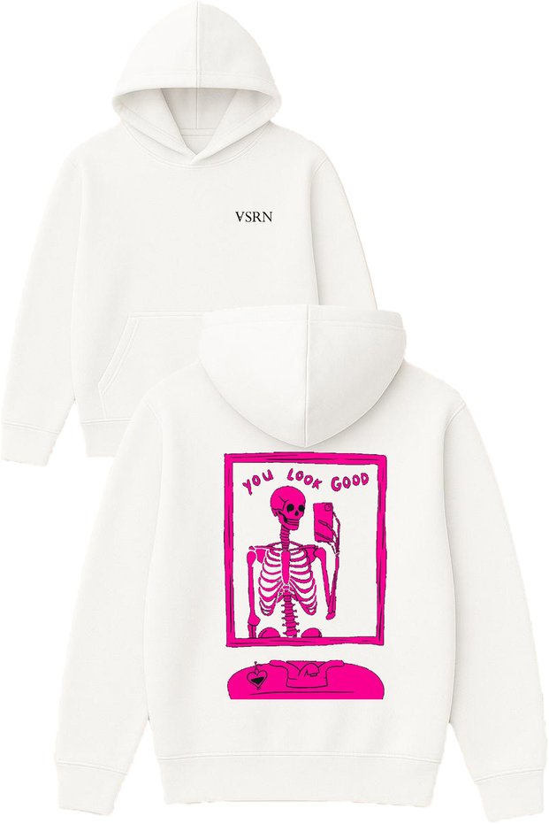 You Look Design Printed Oversized White Hooded Sweatshirt