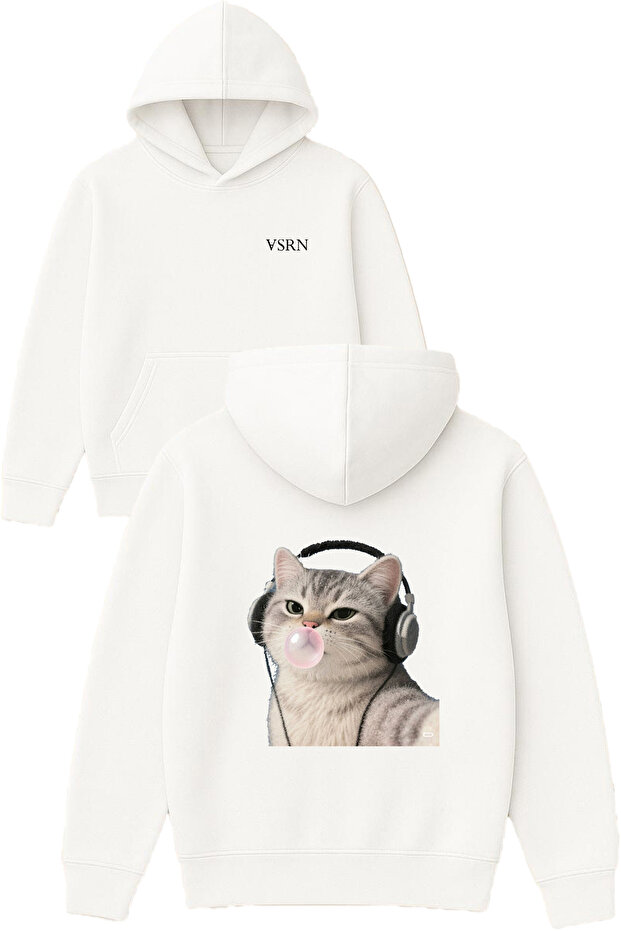 Chewing Gum Cat Design Printed Oversized White Hooded Sweatshirt