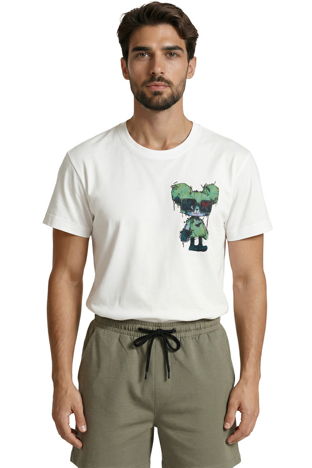 تي شيرت Green Bear مطبوع Premium للرجال مع نظارات على طراز الجرافيتي