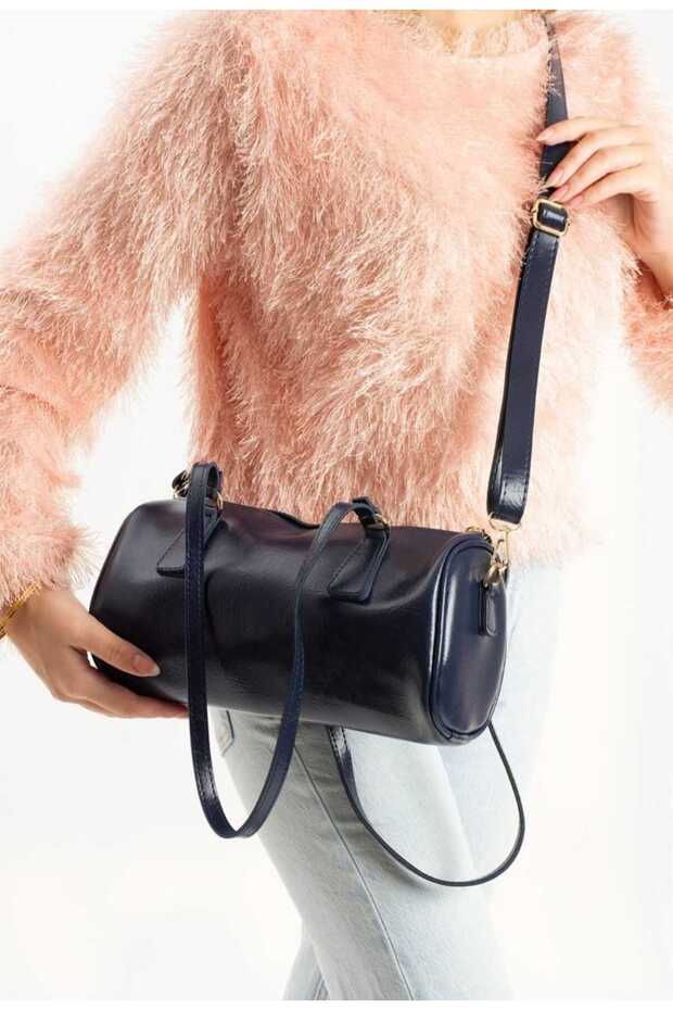 Women's Long Strap Cylinder Model Shoulder Bag Navy Blue