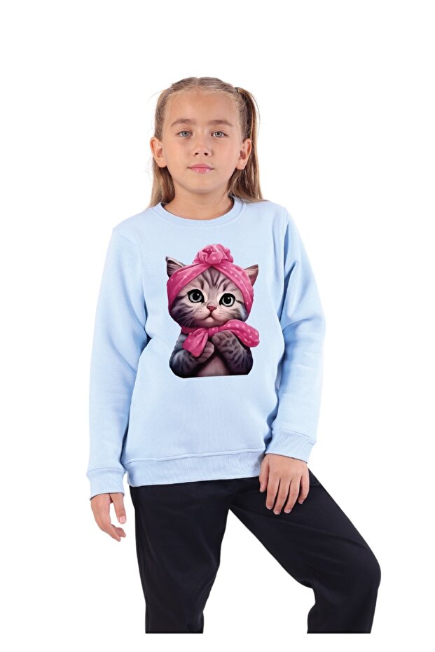 Girl's Sweatshirt Cute Cat Printed Crew Neck 3-Thread Fleece-Lined 5-10 Years Old Blue