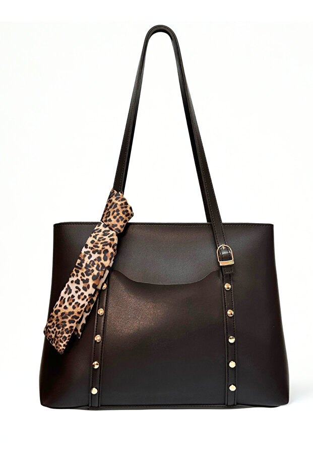 Women's Zippered Scarf-Studded Brown Shoulder and Shoulder Bag