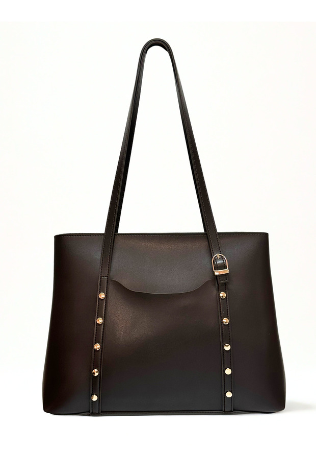 Women's Zippered Studded Brown Shoulder and Shoulder Bag