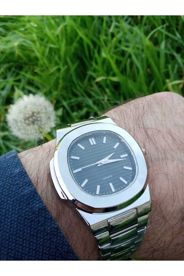 Pate Model Steel Strap Men's Wristwatch - Silver Case - Silver Color Strap - Black Color Dial
