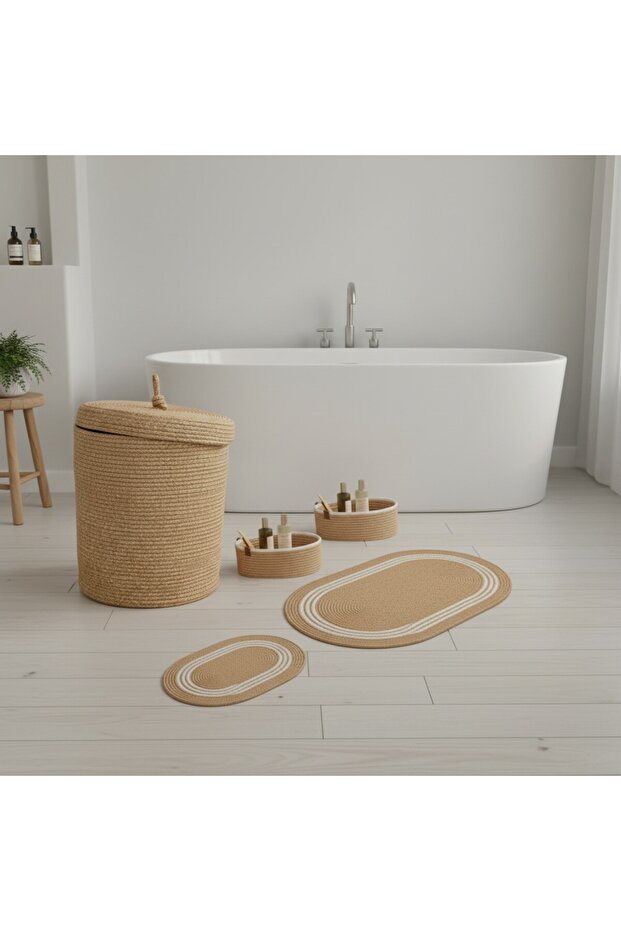 Straw / Jute 5 Piece White Striped Bath Mat Set | Dirty Laundry Basket | Oval Baskets - 5