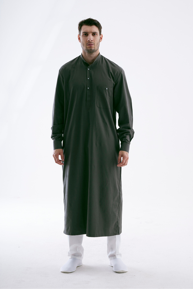 Men's Hajj and Umrah Outfit, Hakim Collar Long Cellabiye Fistan - Dark Green