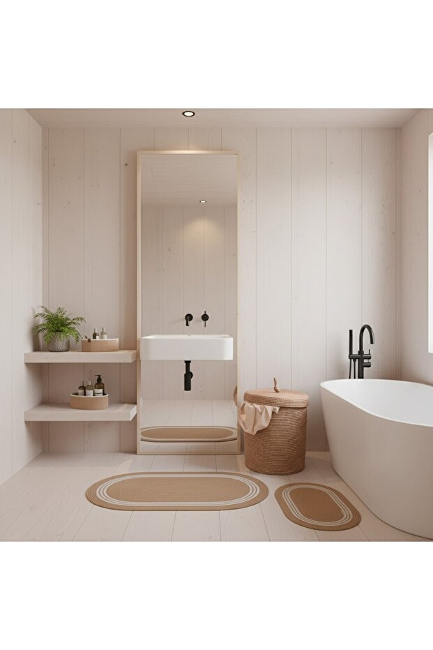 Straw / Jute 5 Piece White Striped Bath Mat Set | Dirty Laundry Basket | Oval Baskets - 2