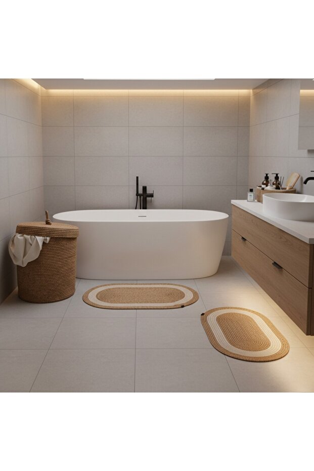 Straw / Jute 5 Piece White Striped Bath Mat Set | Dirty Laundry Basket | Oval Baskets - 5