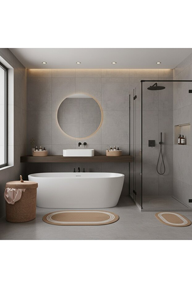 Straw / Jute 5 Piece White Striped Bath Mat Set | Dirty Laundry Basket | Oval Baskets - 6