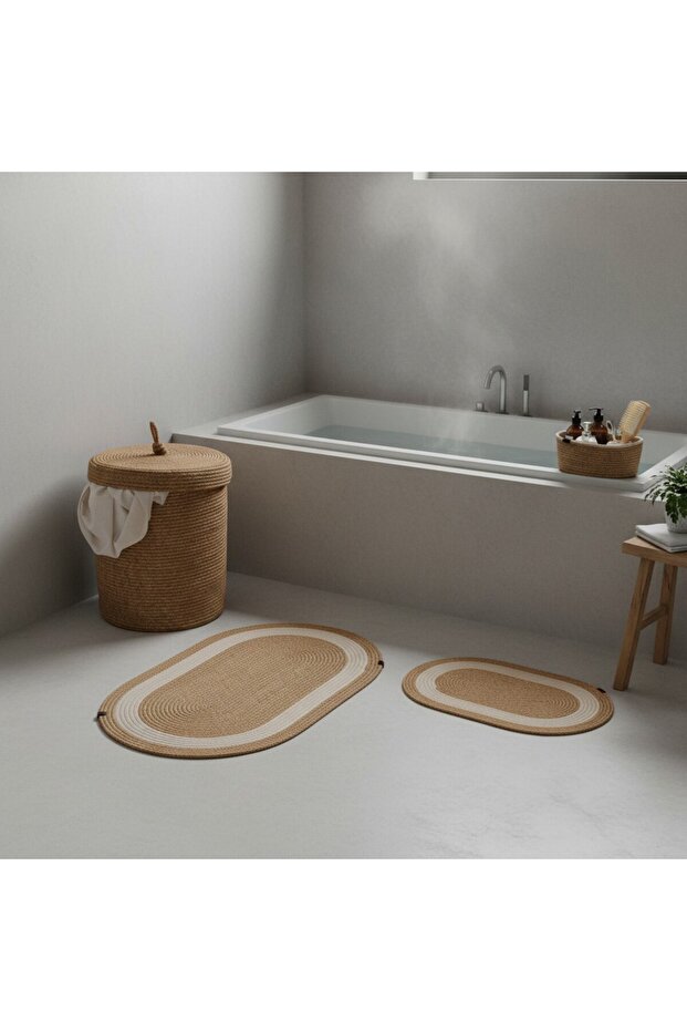 Straw / Jute 5 Piece White Striped Bath Mat Set | Dirty Laundry Basket | Oval Baskets - 4