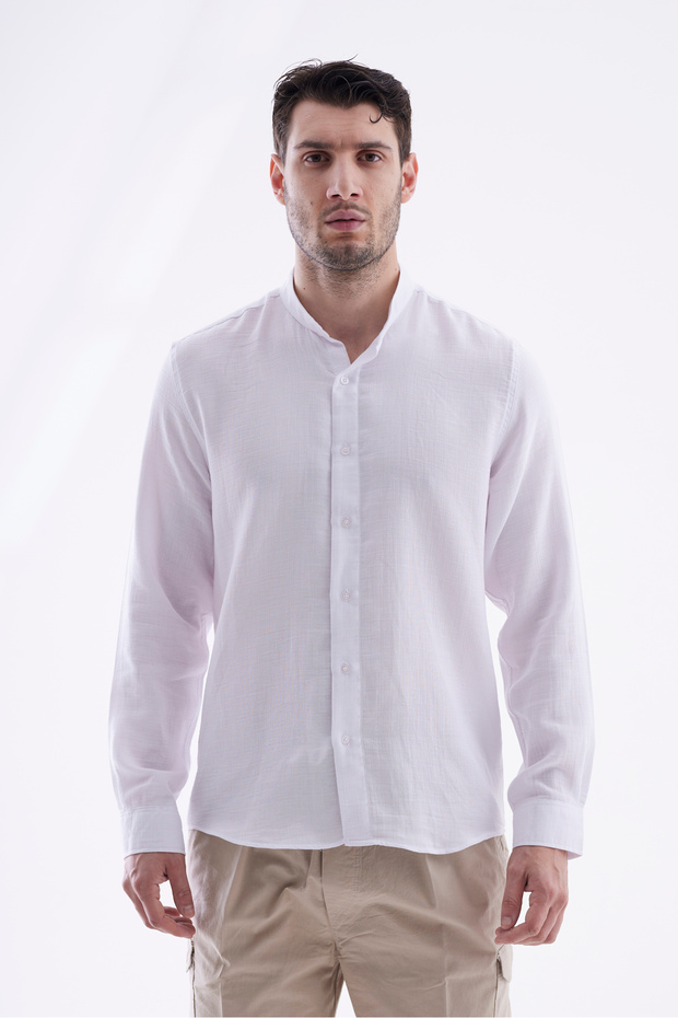 100% Cotton Regular Fit Hakim Collar Muslin Long Sleeve Shirt - White