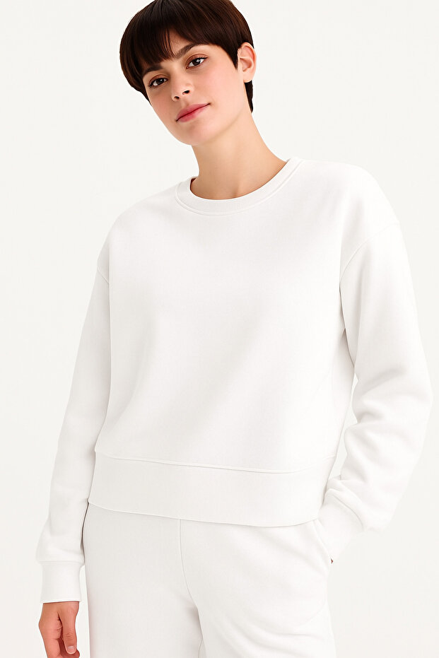 Boxy Fit Bisiklet Yaka Basic Düz Kalın Sweatshirt E9616AX25SP - 1