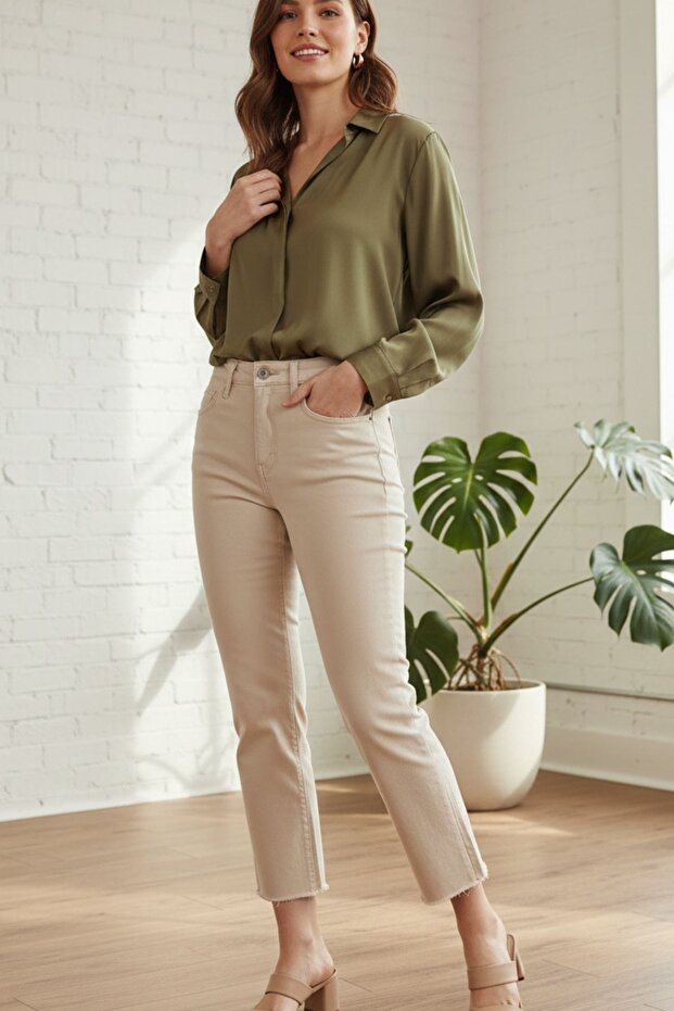 Cream High-Waisted Long-Length Women's Pants