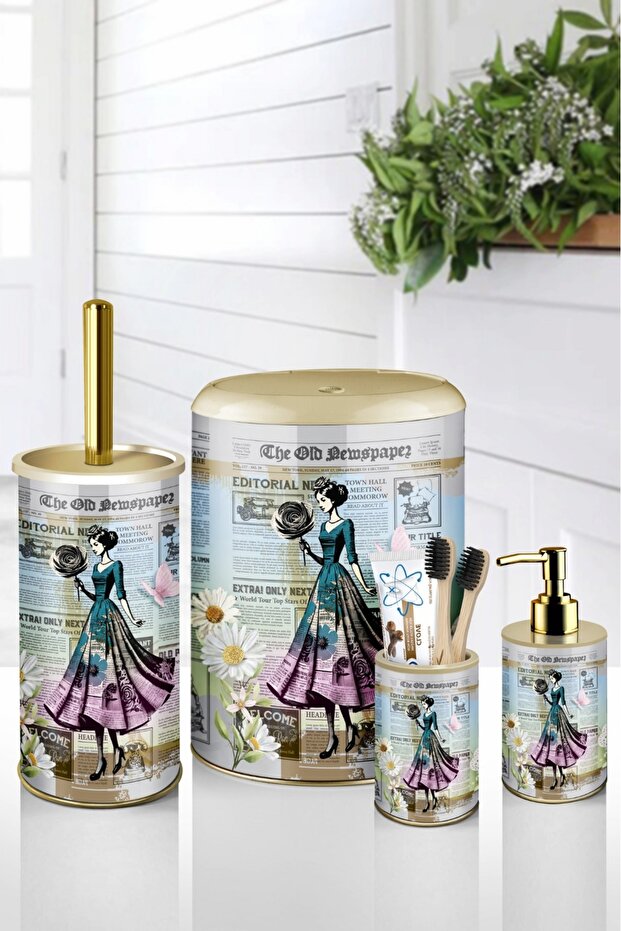 4 Piece Metal Bathroom Set – Vintage Newspaper Pattern – Stylish Design with Click Lid