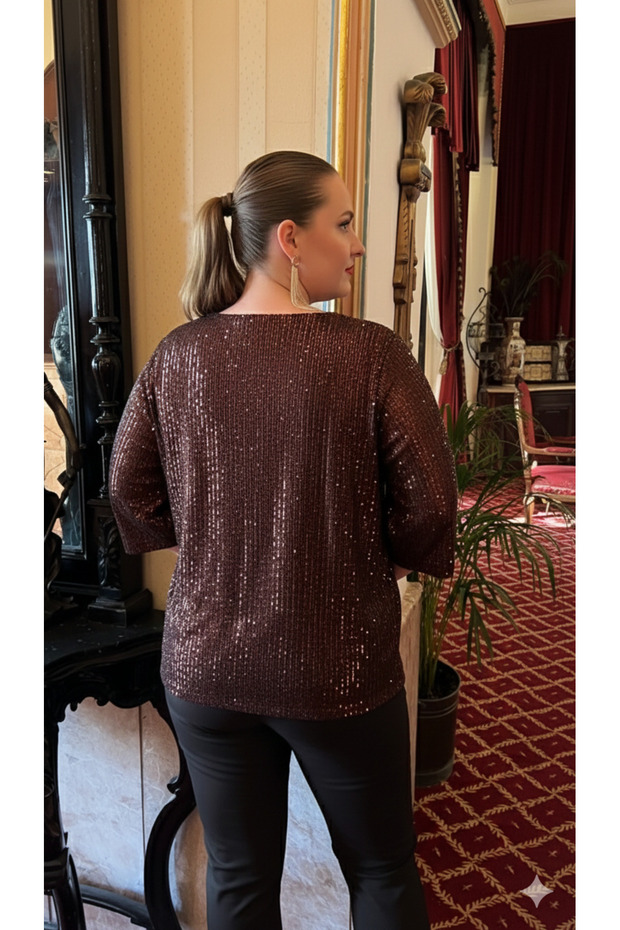 Plus Size Lined Sequin Blouse Brown - 3