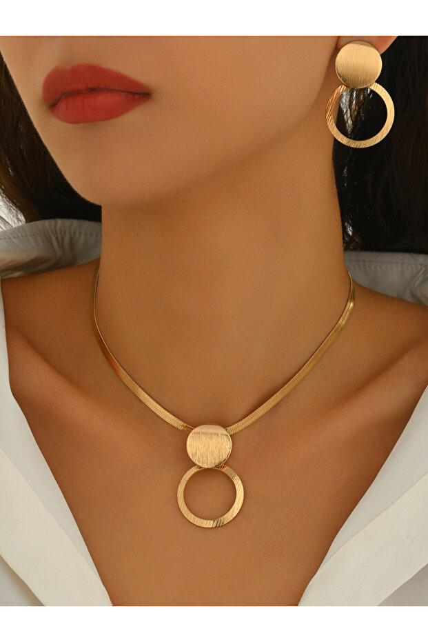 Gold Geometric Circle Necklace and Earrings Set