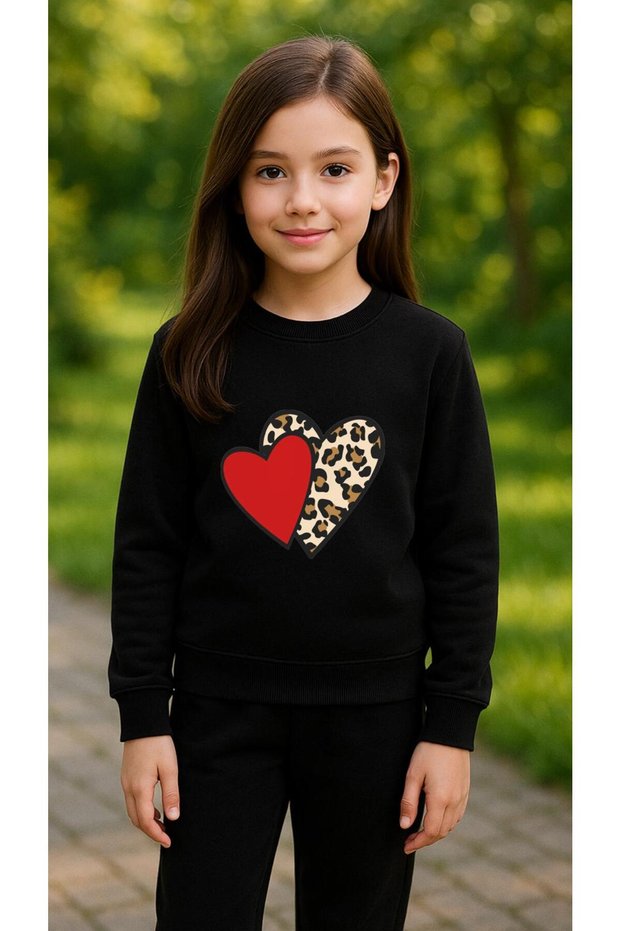Children's Set Sweatshirt Leopard Heart Printed Girls Boys Crew Neck3 4-5-6-7-8-9-10-11-12Years