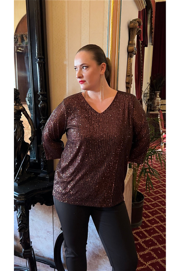 Plus Size Lined Sequin Blouse Brown - 1