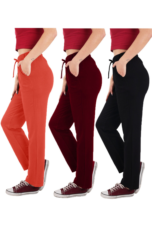 Women's Viscose Fabric 3-Pack Black/Burgundy/Pomegranate Flower Sweatpants (with Plus Size Option)