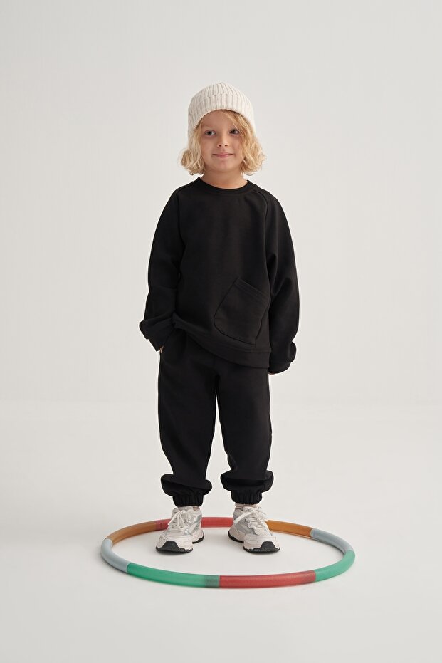Unisex Children's Interlock Stitch Detailed Double Suit Black