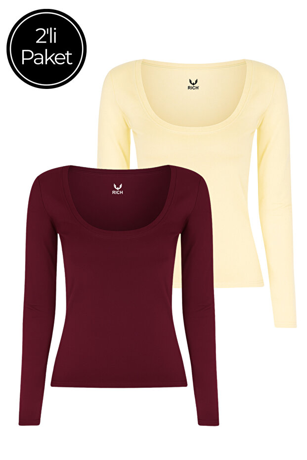 Women's 2-Pack Cream-Burgundy U-Neck Bodycon Long Sleeve Blouse