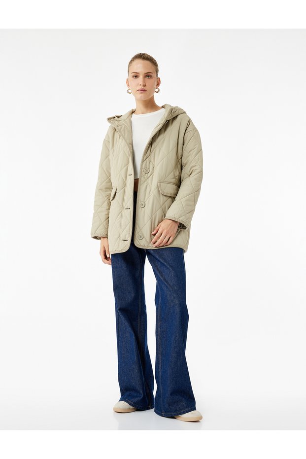 Long Sleeve Buttoned Pocketed Hooded Quilted Coat