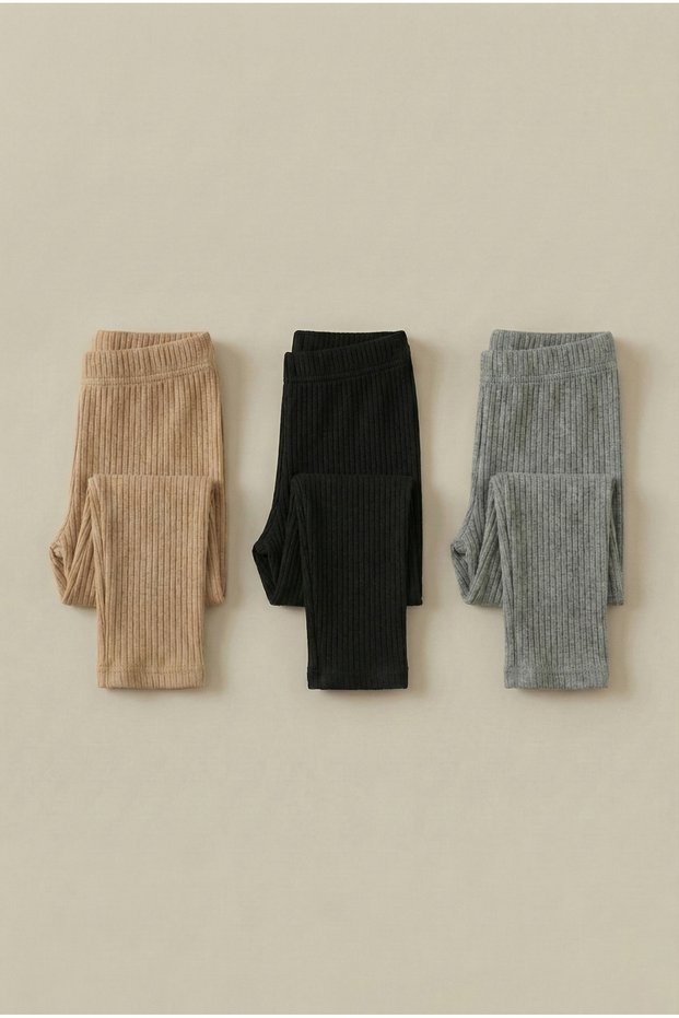 Girls' 3-Piece Corded Fabric Stretchy Cotton Kids' Long Leggings Set Narrow Leg Beige - Black - Gray