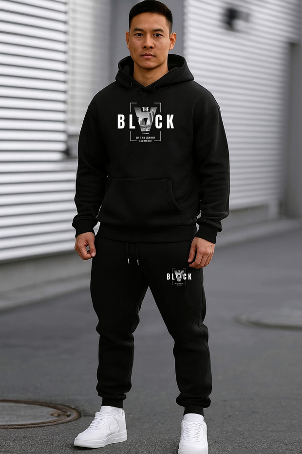 Men's Black Hooded Tracksuit Set Bottom Top the Black Print