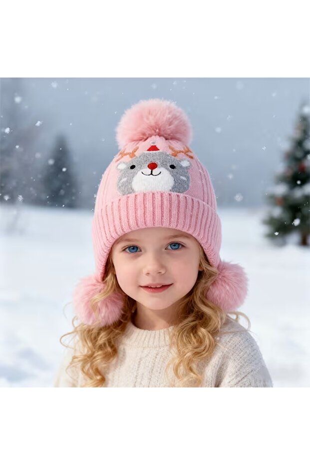 (3-8 Years) Ear-Protecting Pom-Pom Deer Pattern Lined Winter Knitted Girl/Boy Beanie Hat