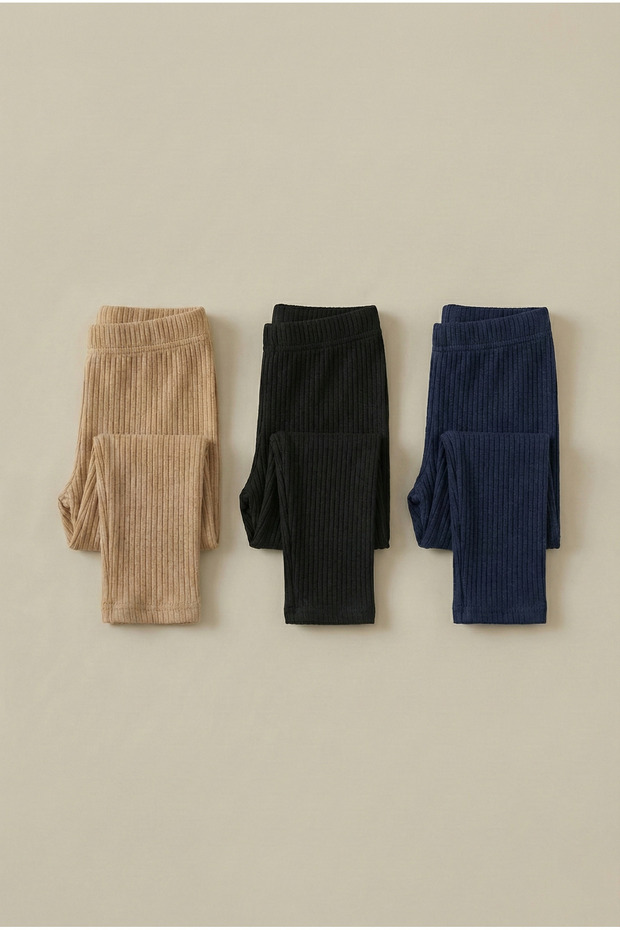 Girl's 3-Piece Corded Fabric Stretchy Cotton Children's Long Leggings Set Narrow Leg Beige - Black - Navy Blue