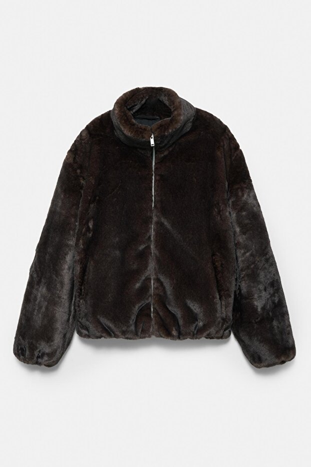 Dik yaka suni kürk ceket - 6