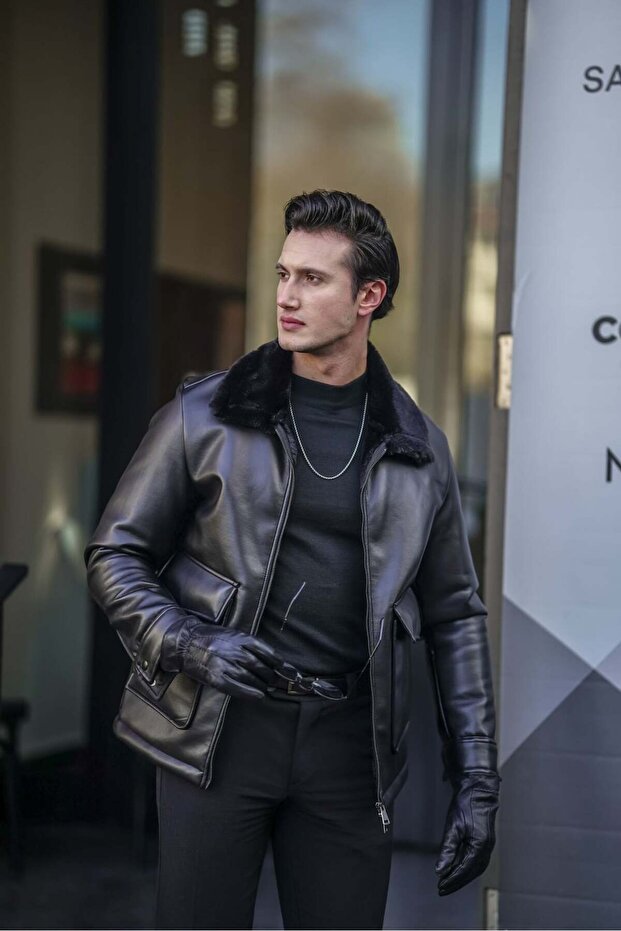 Men's Black Bag Pocket Full Fur Collar Black Fur Detailed Leather Coat