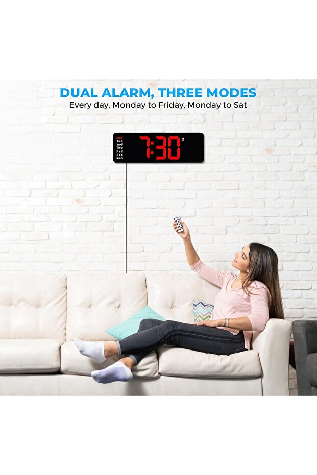 13" Digital Wall Clock with Remote, Dual Alarm, Timer, Temperature - Red - 6