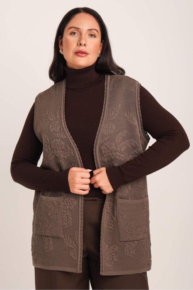 Women's Brown Embossed Floral Pattern Pocketed Knitwear Knitted Mother Vest