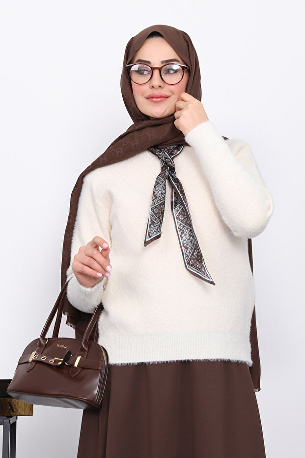 Angora Soft Sweater with Cream Scarf Detail