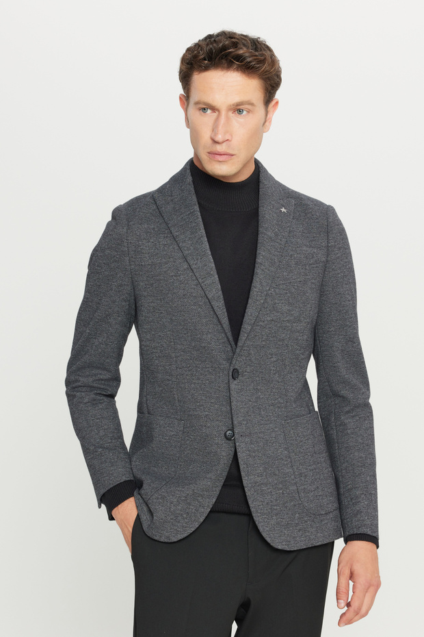 Altınyıldız Ace004261359 Black Men's Cotton Slim Fit Slim Fit Swallow Collar Diagonal Patterned Blaz