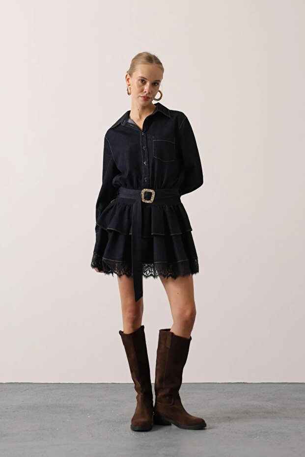 Kontrast Dikişli Denim Mini Elbise - 2