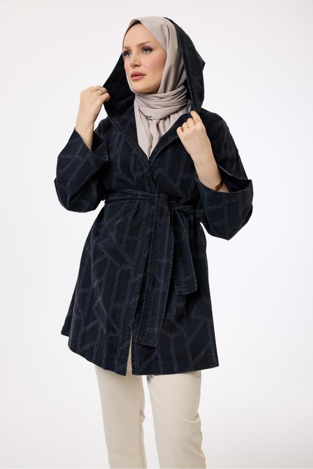 6147 - Stylish Comfortable Hooded Waist Belt Tied Long Tunic Denim Jacket