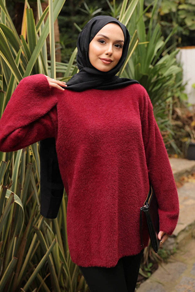 Burgundy Mock Neck Angora Yumoş Knitwear Sweater