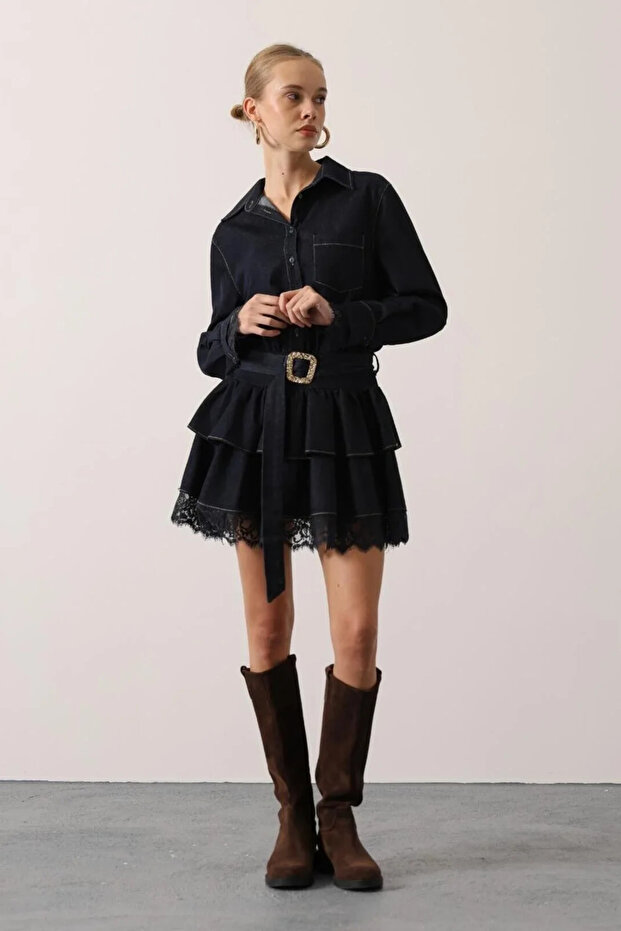 Kontrast Dikişli Denim Mini Elbise - 3