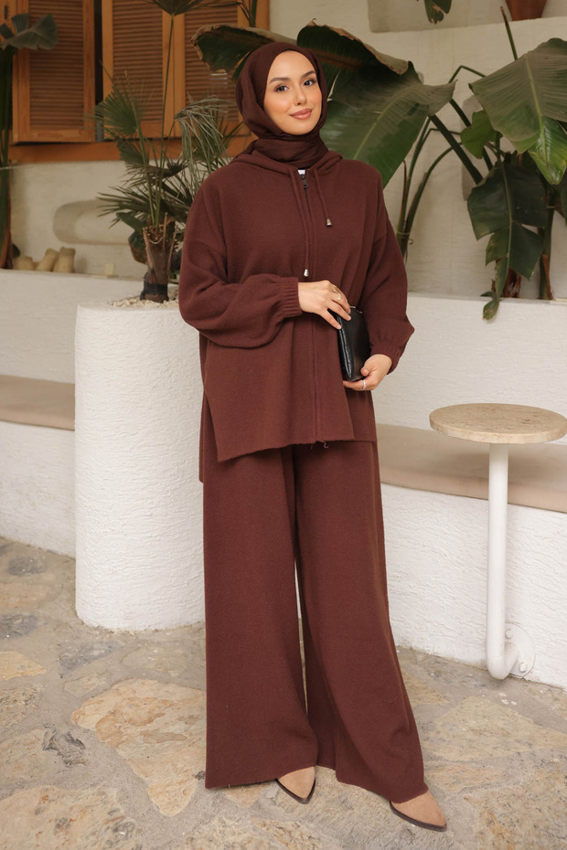 Brown Angora Soft Cardigan Pants Set