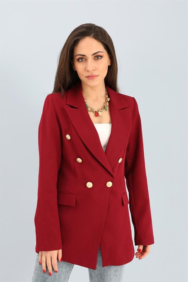 Women's Burgundy Double-Breasted Gold Buttoned Blazer Jacket Shoulder Shoulder Pad Pieces