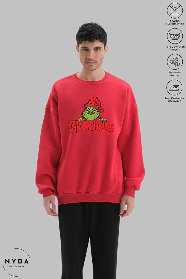 Unisex Long Sleeve Grinchmas Printed Crew Neck Hoodless Fleece-Lined Oversized Sweatshirt