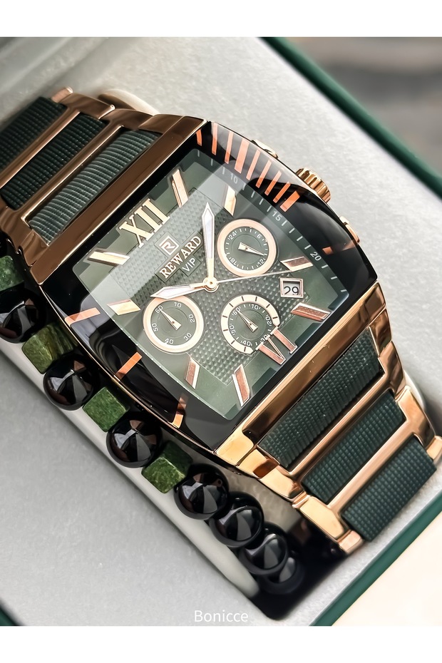 Men's Watch, Steel-Silicone Band, Functions Active, Green Color, with Calendar, in Stylish Box, Bracelet Gift