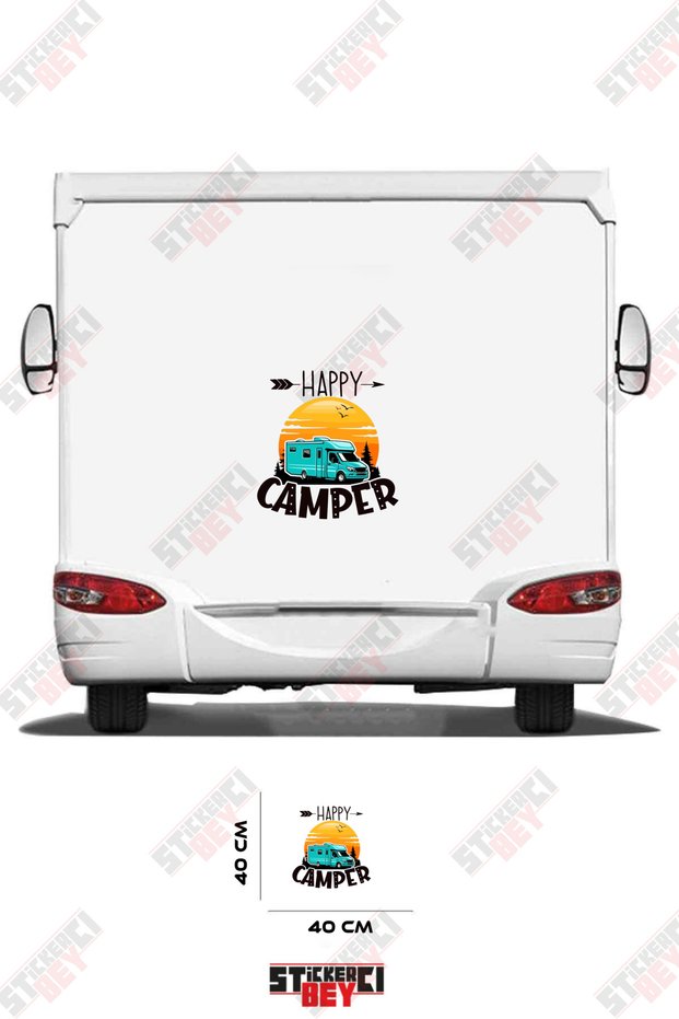 Happy Camp Written on the Caravan and Caravan with Nature Images Sticker Coating