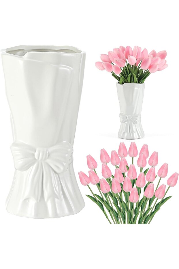 Cute Bow Ceramic Vase, 9.64in Large White Modern Vase