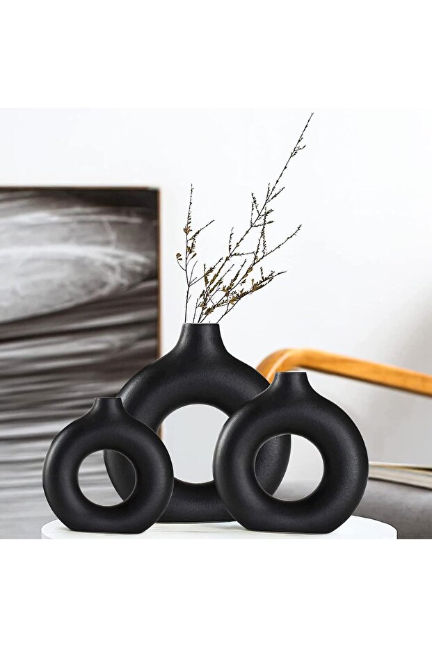 Ceramic Vases Set 3 - Round Matte Donut Boho Vases, Black