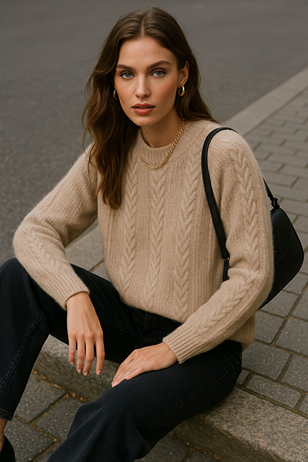 Women's Beige Knitted Patterned Long Sleeve Soft Textured Crew Neck Knitwear Sweater