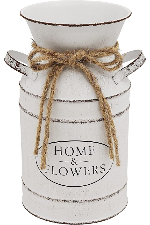 Metal Flower Vase - Vintage Galvanized Milk Can with Handle, White, Shabby Chic
